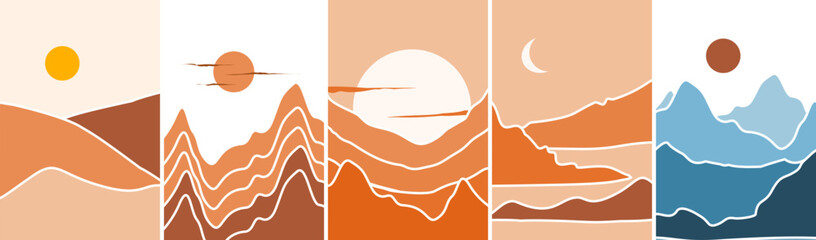 Set of Abstract contemporary landscape posters. Modern boho background set with sun, moon mountains, trees, sea minimalist wall decor. Vector art print.