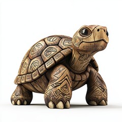 Wise old turtle figurine with carved shell patterns, isolated on white