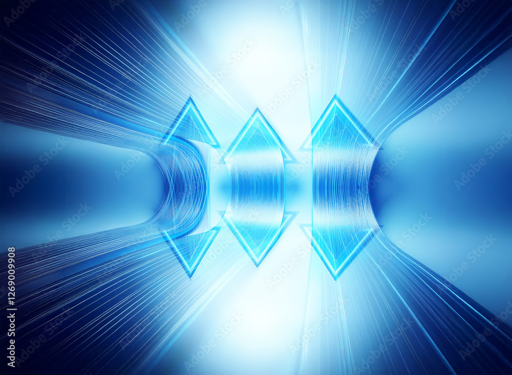 Poster abstract futuristic image featuring glowing blue arrows in a light tunnel, radiating bright beams su