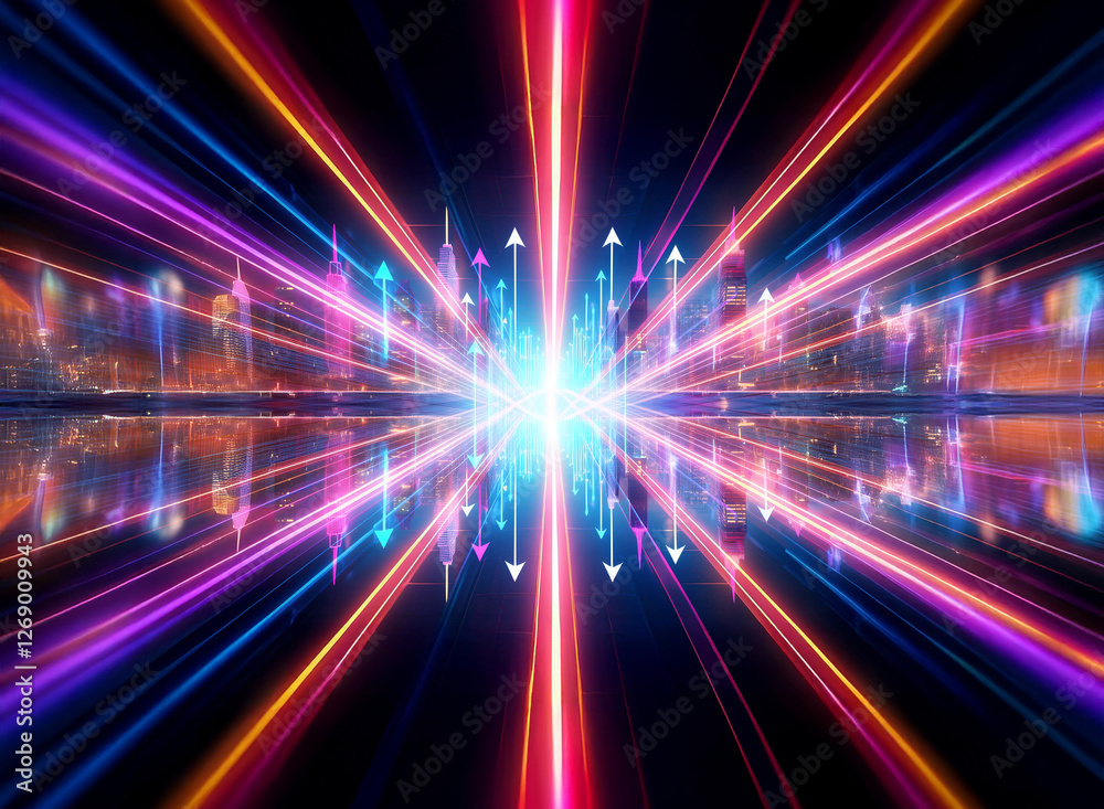 Poster Vibrant rays of red, blue, and purple emanate from a bright central light source. Arrows point outwards, creating a dynamic and energetic visual against a dark backdrop.