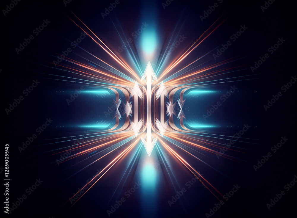 Poster Abstract symmetrical light burst with blue and orange rays from a central point, creating a futuristic and energetic visual effect.