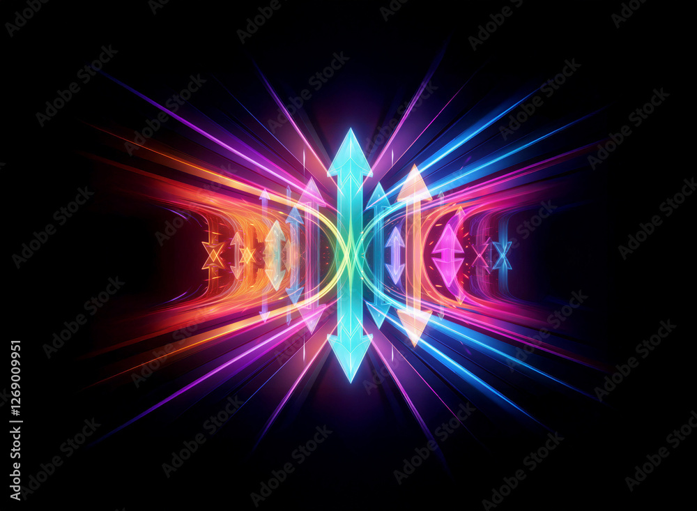 Aufkleber abstract glowing light streaks form symmetrical, vibrant shapes against a dark backdrop. arrows poin