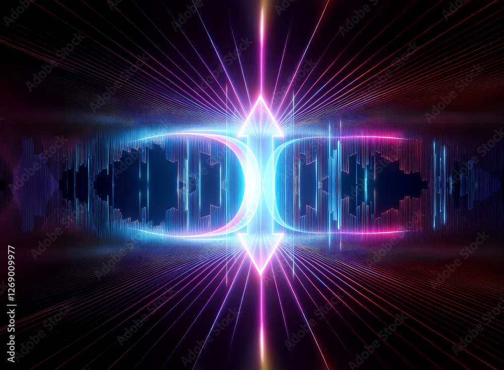 Poster abstract neon light art with vibrant blue and pink hues. geometric shapes form a dynamic, futuristic