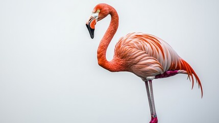 Obraz premium A flamingo standing on one leg, its pink feathers rich in color against a white background