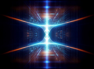 Fototapeta premium Abstract futuristic design with glowing blue and orange lines converging towards a central point on a dark backdrop, creating a technological and dynamic visual.