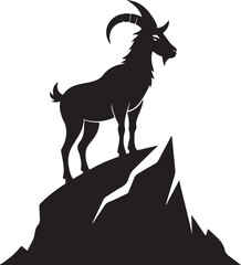 Majestic Goat on Mountain Peak silhouette, black and white silhouette, vector and illustration