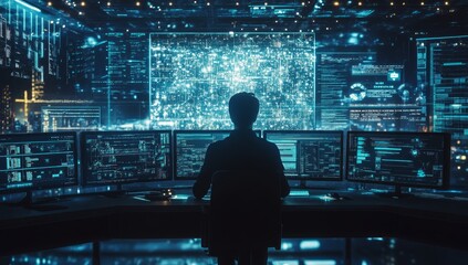 Hacker analyzing network data in dark control room
