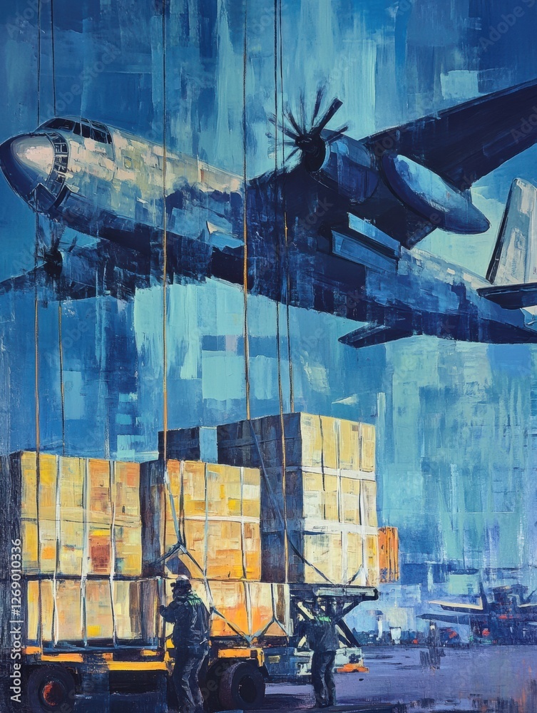 Aufkleber cargo plane loading operations at night with workers managing freight in a busy logistics hub. gener