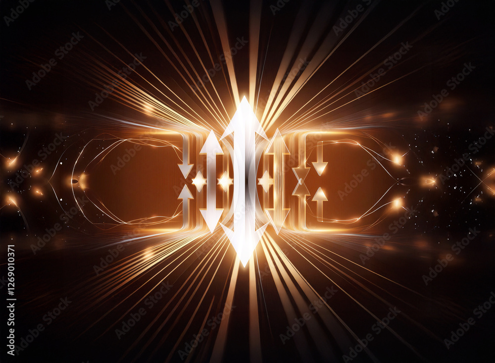 Poster abstract digital artwork featuring a central bright light source with arrows pointing upwards and do