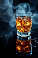 Whiskey with ice in a glass reflecting on a dark surface, with a smoky background. Classic drink.