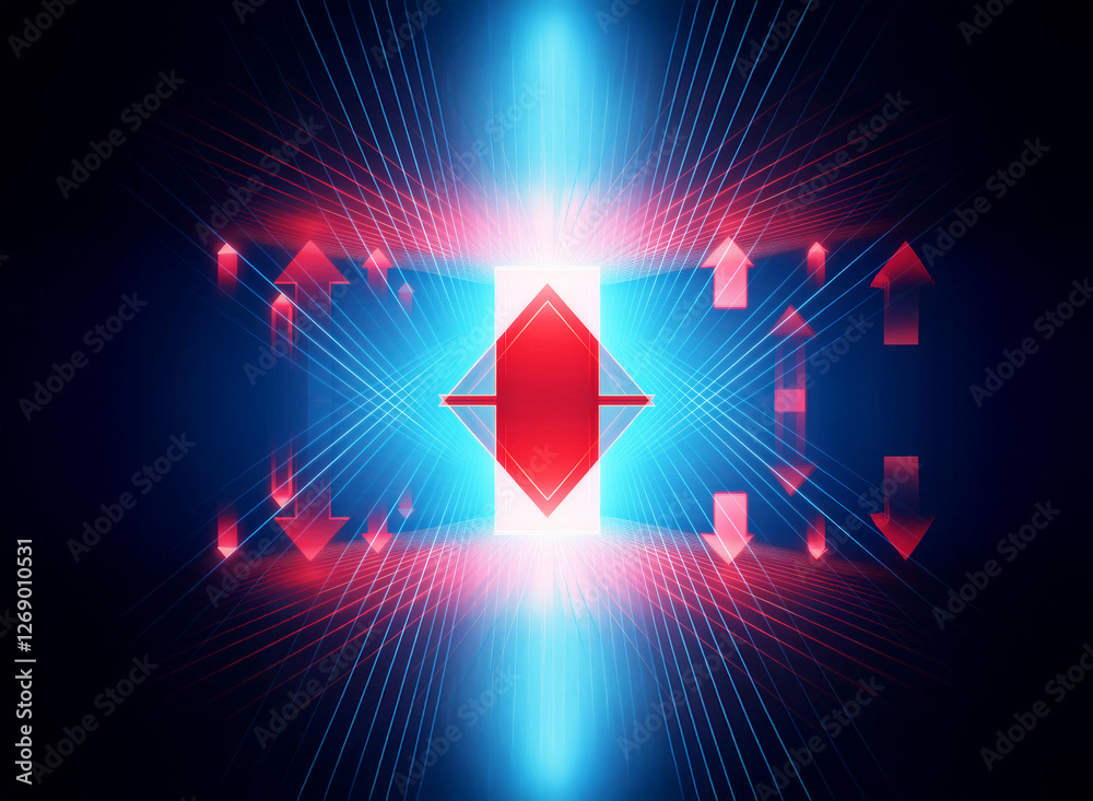 Poster abstract image with a central red down arrow, vibrant light rays, and smaller red arrows on a blue a