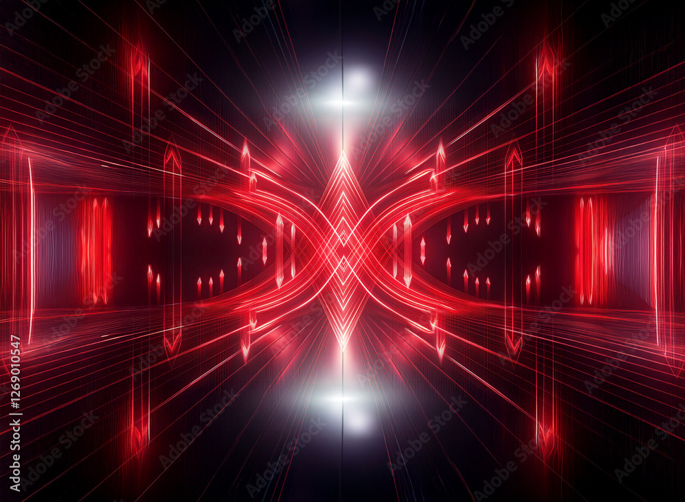 Aufkleber Abstract red and white lights shine on a dark background creating a symmetrical, futuristic, and dynamic visual design.