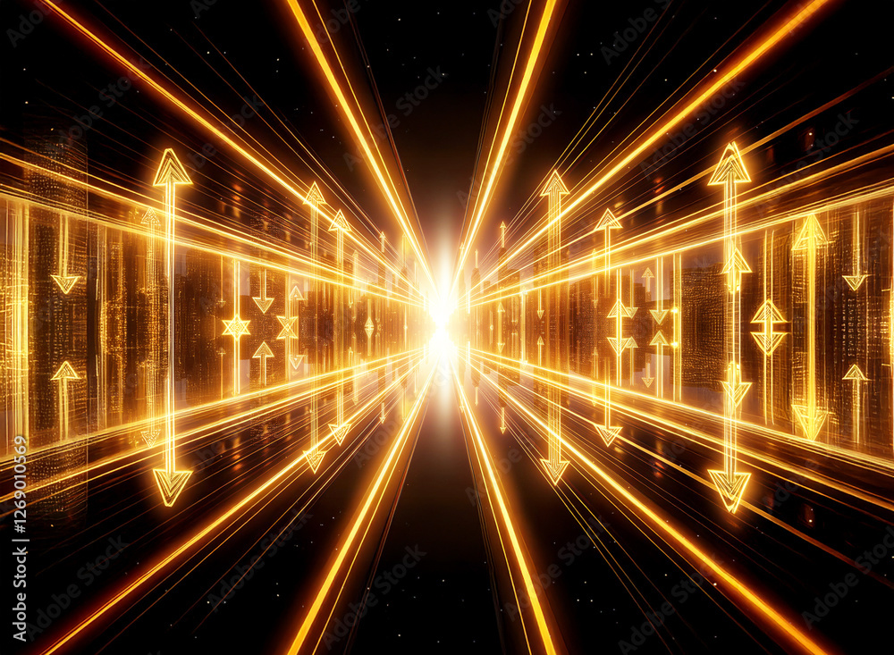 Aufkleber Bright streaks of golden light converge in a tunnel-like perspective, illuminated with arrows pointing forward, creating a sense of motion towards a bright center.
