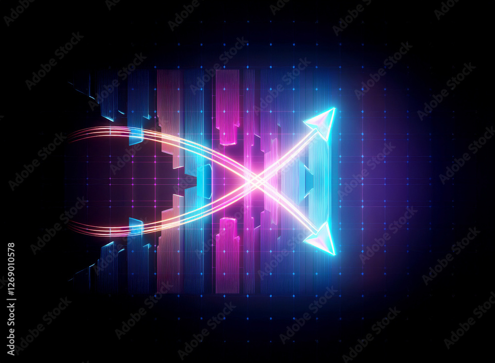 Aufkleber Abstract glowing neon arrows in blue and pink hues pointing towards each other, set against a dark backdrop with grid pattern.
