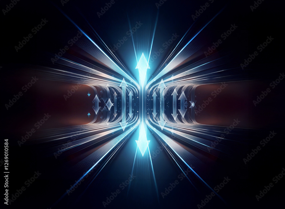Aufkleber futuristic abstract tunnel with glowing blue light and arrows. symmetrical design indicates inward a