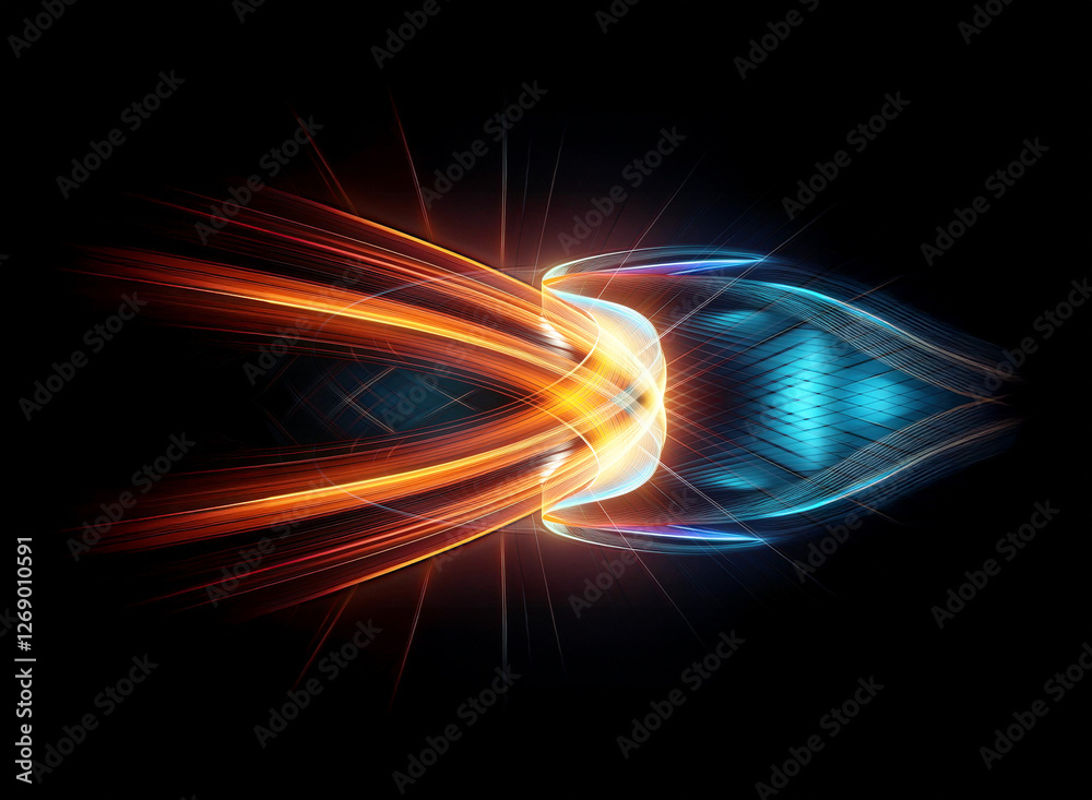 Fototapete Abstract design featuring dynamic orange and blue light trails converging into a bright, symmetrical center against a dark backdrop, creating a futuristic and energetic visual.