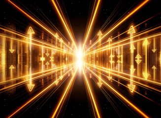Fototapeta premium Bright streaks of golden light converge in a tunnel-like perspective, illuminated with arrows pointing forward, creating a sense of motion towards a bright center.