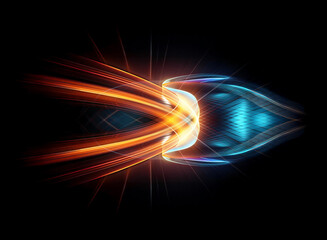 Abstract design featuring dynamic orange and blue light trails converging into a bright, symmetrical center against a dark backdrop, creating a futuristic and energetic visual.