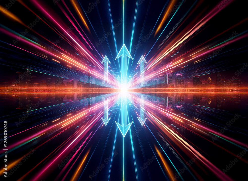 Poster abstract background with converging vibrant light rays in blue, orange, and pink, emanating from a c