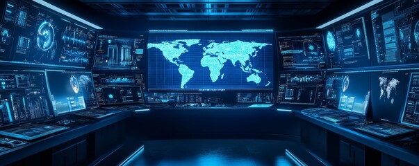 Global network monitoring center; data analysis on screens; world map display; cybersecurity