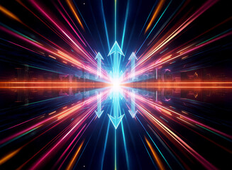 Abstract background with converging vibrant light rays in blue, orange, and pink, emanating from a central glowing point with upward and downward arrows.