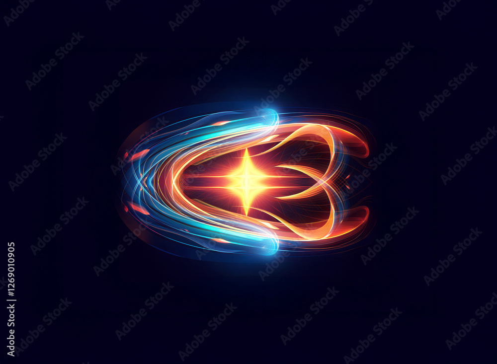 Poster abstract glowing trails of blue and orange intertwine, creating a symmetrical and dynamic shape with