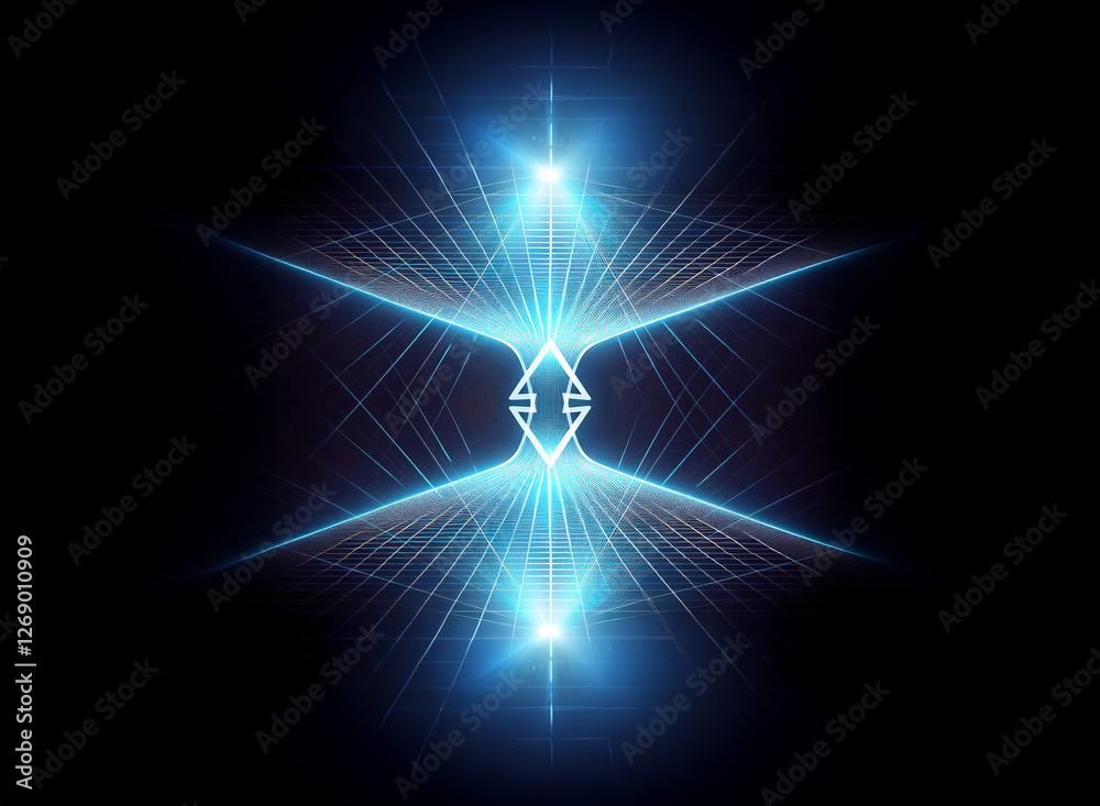 Poster symmetrical blue light design on dark backdrop. radiant beams emanate from a central geometric shape