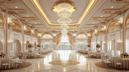 Obraz premium Luxurious ballroom interior, elegant tables set, crystal chandelier, grand hall