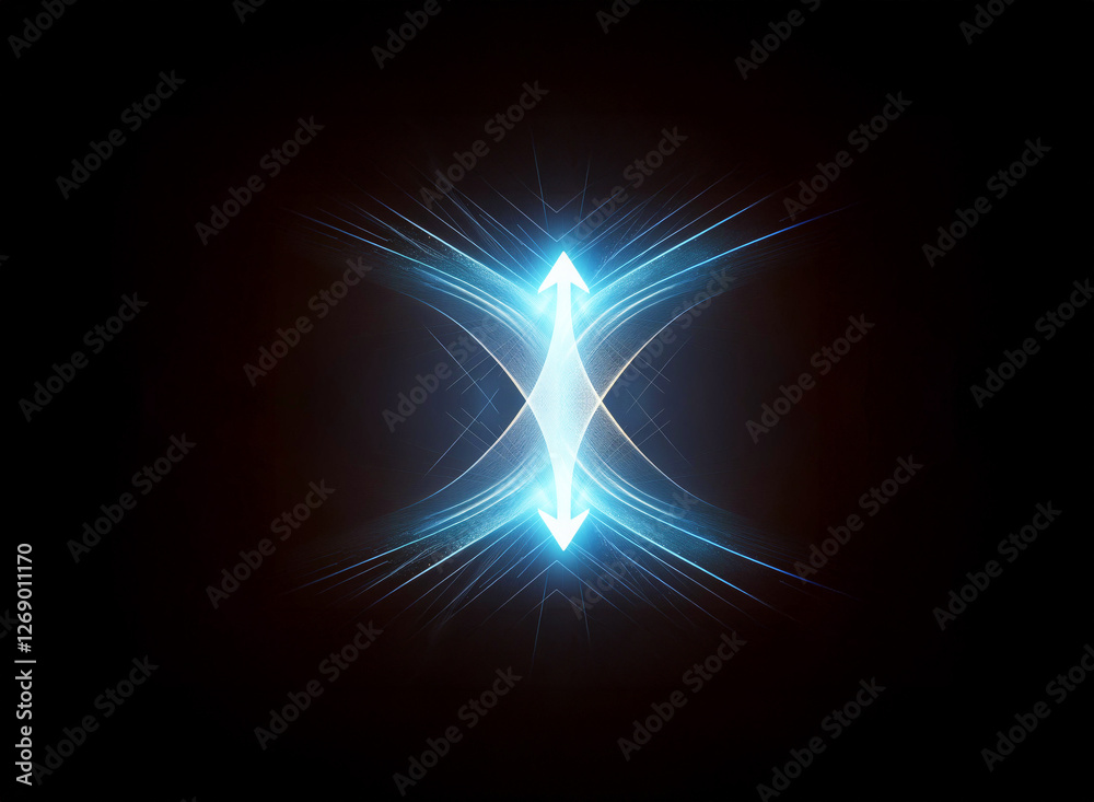 Poster abstract glowing blue light form, with arrow points facing inward, radiates bright beams on a dark b