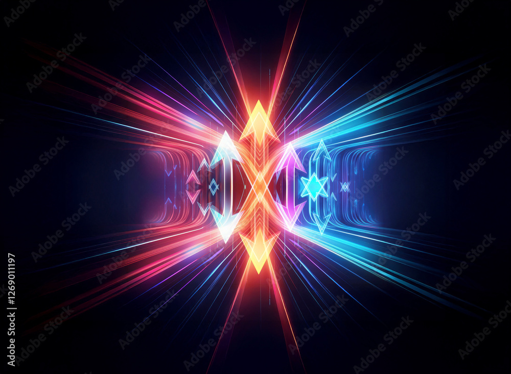 Poster vibrant red and blue light trails burst from a central point, forming arrow shapes. dynamic and futu