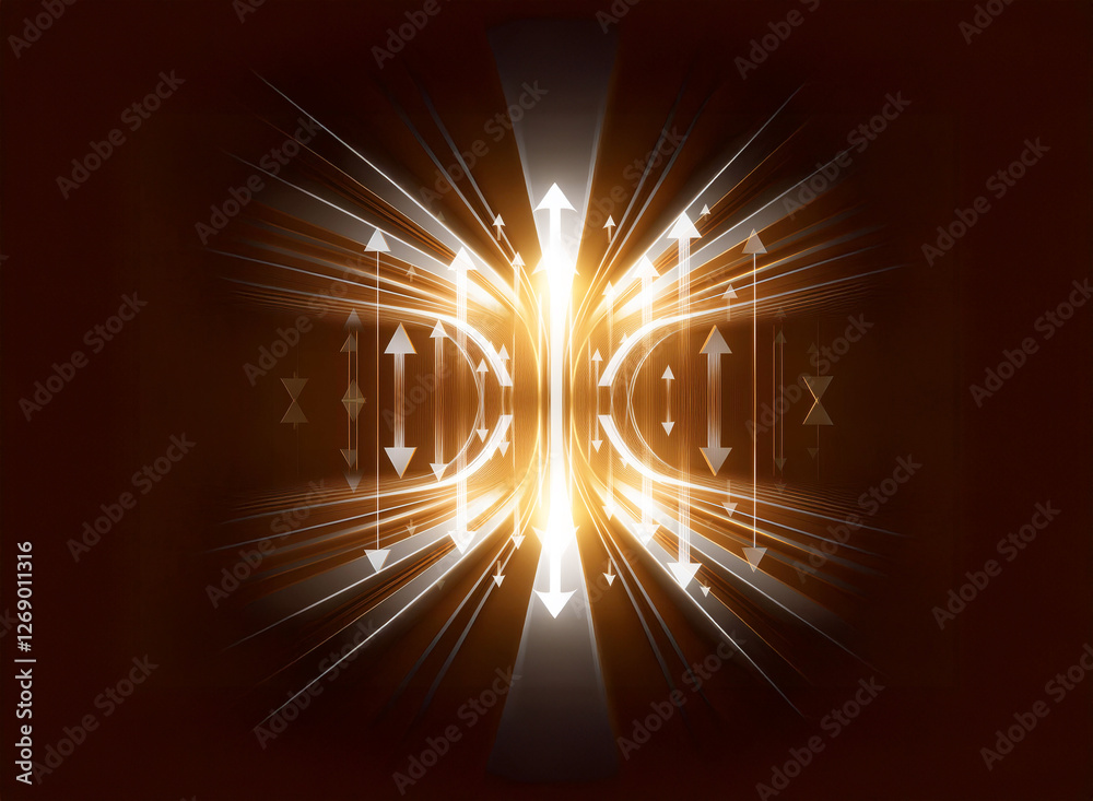 Poster Radiant light bursts from the center, illuminating directional arrows that suggest motion both inward and outward against a dark backdrop, creating an abstract and dynamic visual effect.