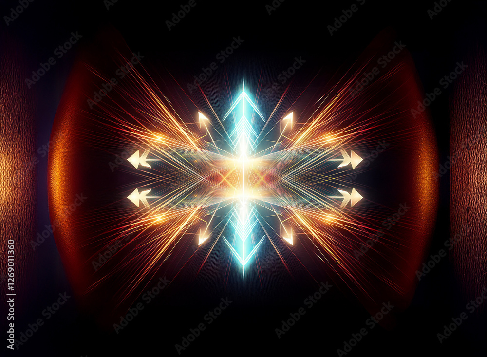 Poster symmetrical abstract design featuring arrows radiating outwards. vibrant orange and blue lights eman