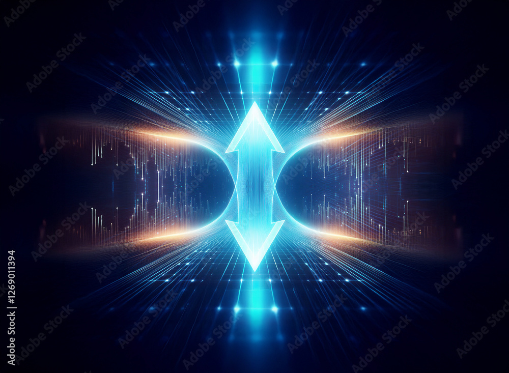 Aufkleber a vibrant abstract image features a central glowing blue arrow pointing up and down, radiating light