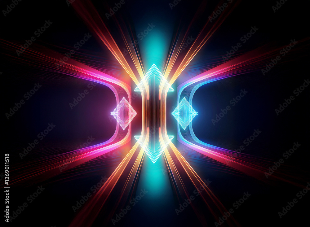 Leinwandbilder vibrant neon lights form abstract geometric shapes, creating a symmetrical and futuristic design aga