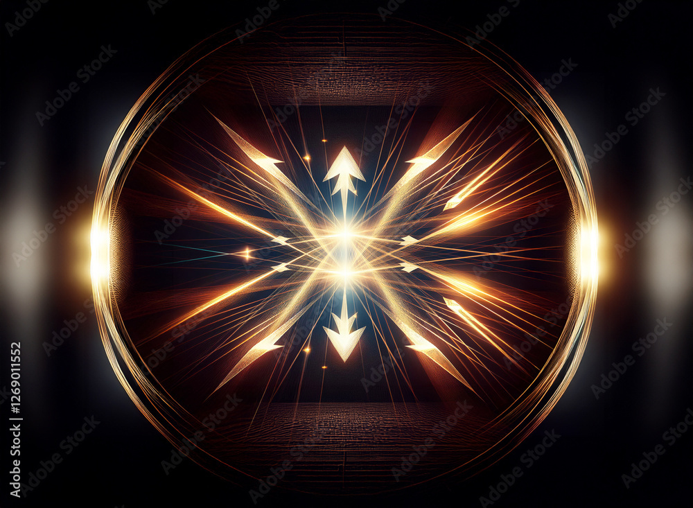 Aufkleber Abstract circular design featuring converging and diverging golden arrows radiating from a central bright point. Dynamic energy and light effects create a futuristic and technological feel.