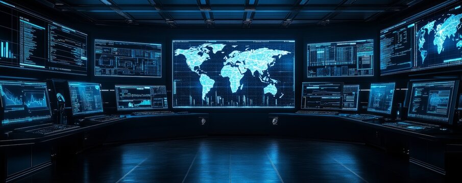 Global network monitoring center, digital map display, dark room, data analysis