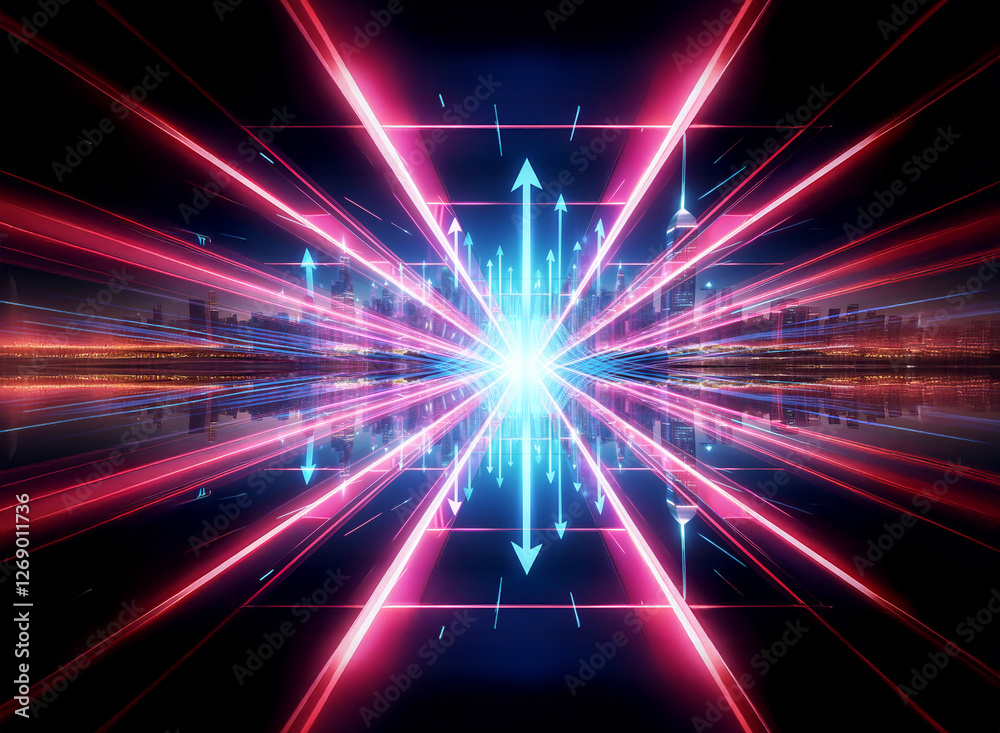 Aufkleber radiant light bursts from the center, vibrant red and blue lines extend outwards, creating a sense o