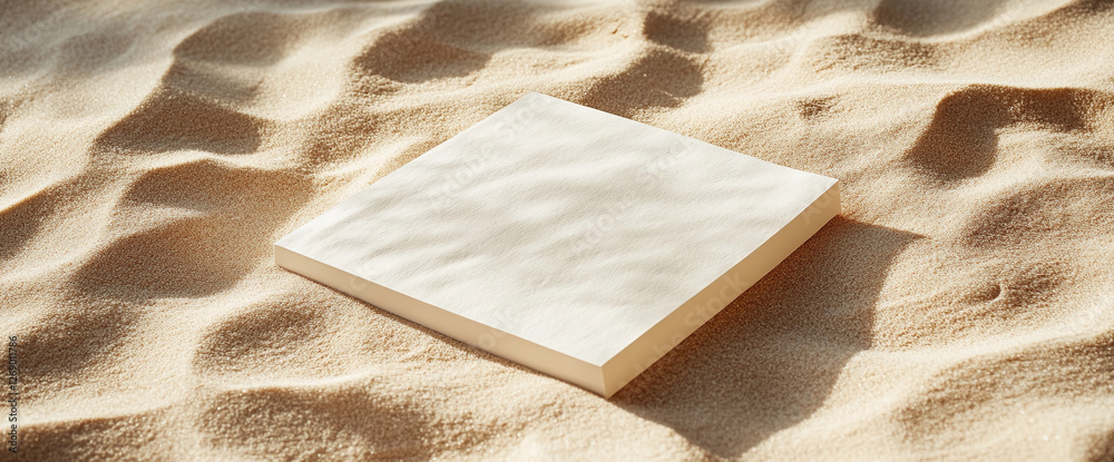 Poster a blank white sheet of paper resting on golden sand, with soft lighting and gentle textures, symboli