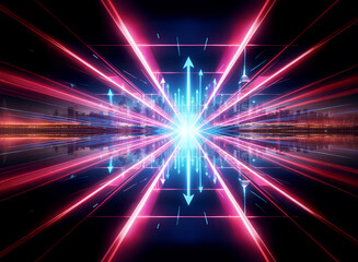 Fototapeta premium Radiant light bursts from the center, vibrant red and blue lines extend outwards, creating a sense of depth and motion. Blurred cityscape hints at a futuristic, abstract urban scene.