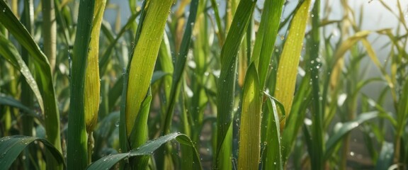 Corn stalks swaying gently in the breeze with a few droplets of dew on their leaves , countryside, fields, tractor