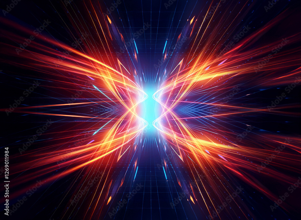 Poster Abstract image displays vibrant orange and blue light rays bursting from a central point, creating a dynamic and symmetrical visual effect.