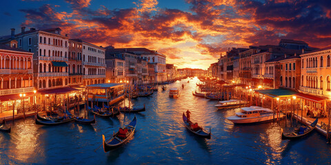 Venice Grand Canal at Twilight with Gondolas and Dramatic Sky