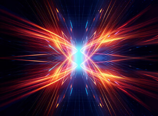 Naklejka premium Abstract image displays vibrant orange and blue light rays bursting from a central point, creating a dynamic and symmetrical visual effect.