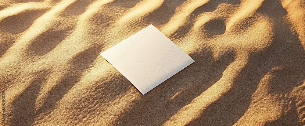Poster A blank white sheet of paper lying on soft sand dunes, with gentle sunlight and shadows creating natural patterns, symbolizing creativity and blank space for design and writing concepts.