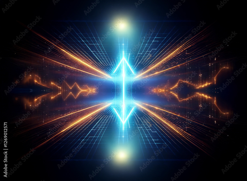Leinwandbilder symmetrical abstract design featuring bright blue and orange glowing lights emanating from the cente