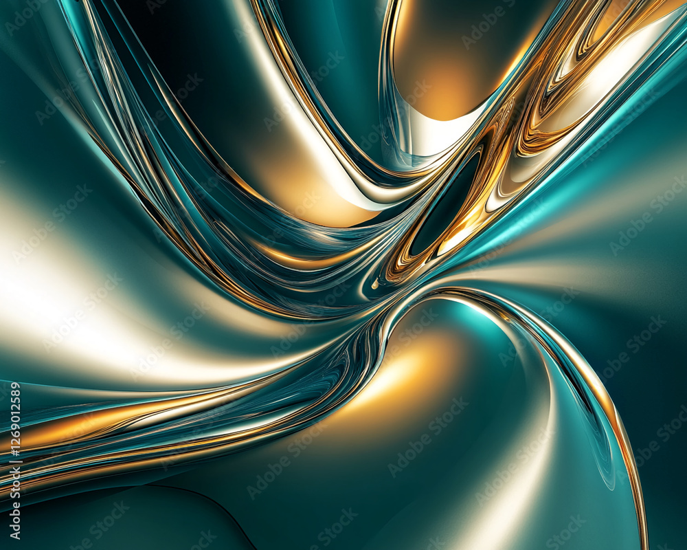 Poster a smooth, flowing abstract metallic surface with teal and golden colors, symbolizing modern elegance