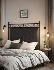 Cozy reading nook with wrought iron headboard and plush pillows, soft lighting, relaxing space