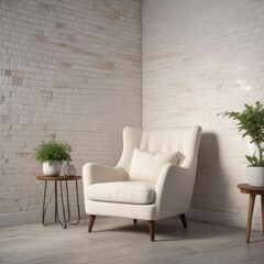 Cozy retro armchair in a corner of white brick wall room, room, home decor, furniture
