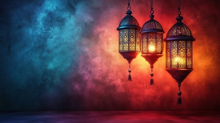 Three ornate lanterns glow against a colorful, textured background, creating a warm ambiance.