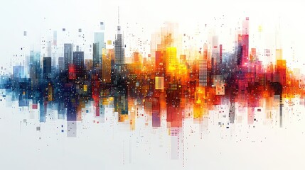 Abstract city skyline with vibrant colors reflecting on water, suggesting energy and creativity